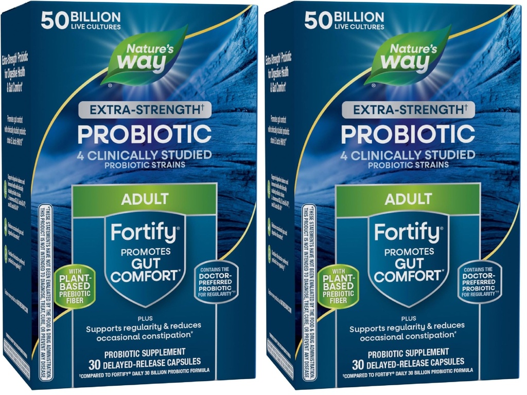 Nature's Way Extra Strength(1) Fortify Probiotic,Probiotics for Digestief Health,Prebiotics,50 Miljard Live Cultures,Digestief & Immune Health Support*,30 Capsules,(Pack of 2)