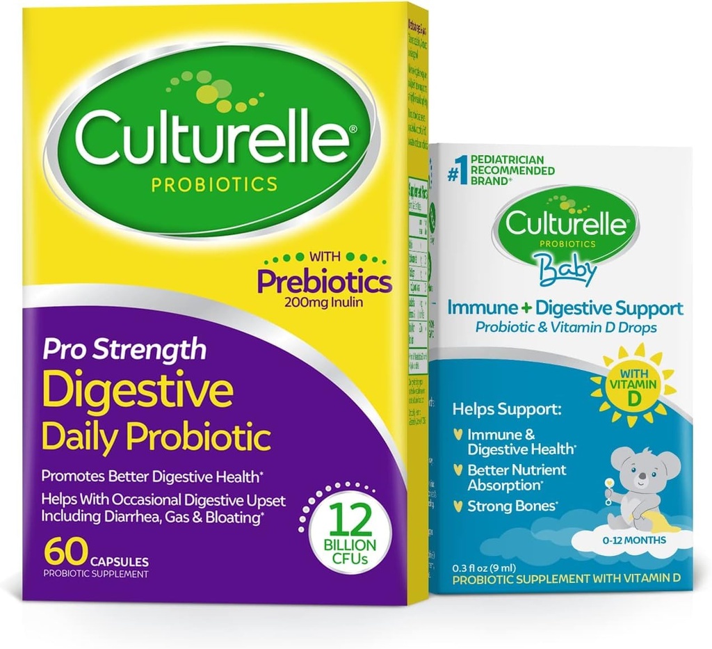 Culturelle Pro Strength Capsules Probiotiques quotidiennes, Probiotiques pour hommes et femmes 60 Compte, 2 mois + Culturelle Bébé Immune et soutien digestif Probiotique + Vitamine D gouttes 0-12 mois, 30 jours d'approvisionnement, 9ml