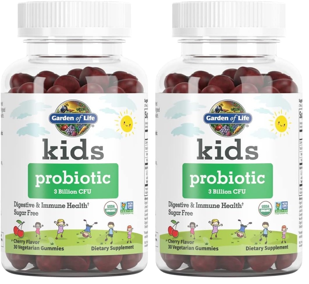 Garden of Life Kids Probiotic 3 Miljard CFU, Cherry Flavor Gummies - Suikervrij Eenmaal dagelijks Probiotica voor kinderen, Kinderen Digestief & Immune Health, 30 Vegetarische Gummies, (Pack of 2)