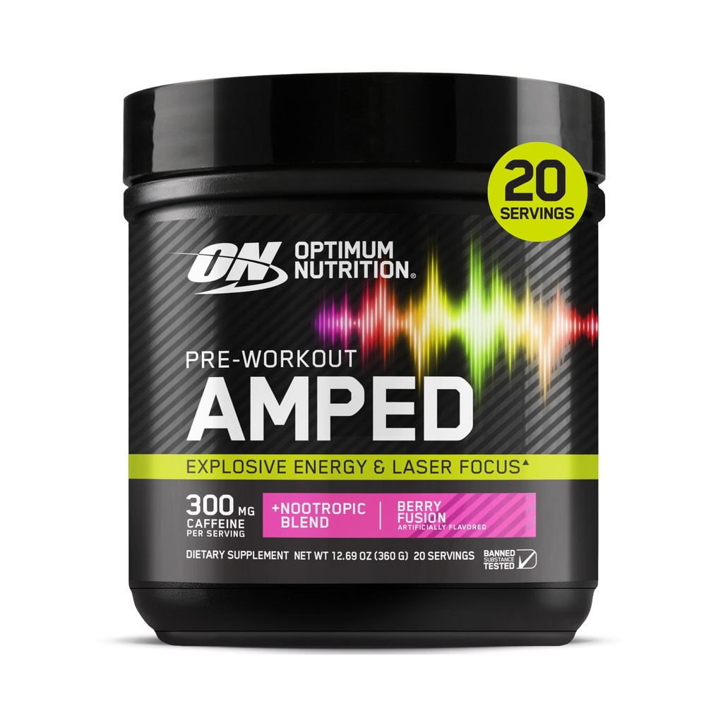 Optimale voeding Amped Pre-Workout, met Citrulline, Beta-Alanine, Nootropics en 300 mg cafeïne voor energie, Berry Fusion, 20 porties (Verpakking mei Vary)