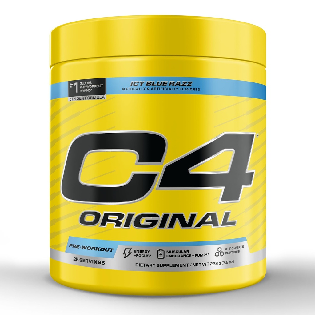 C4 Original Pre Workout – Pre-Workout for Endurance, Focus & Performance with 200mg Caffeine, Beta-Alanine, Creatine Nitrate, L-Arginine & PeptiPump – Sugar Free, 25 Servings, ICY Blue Razz