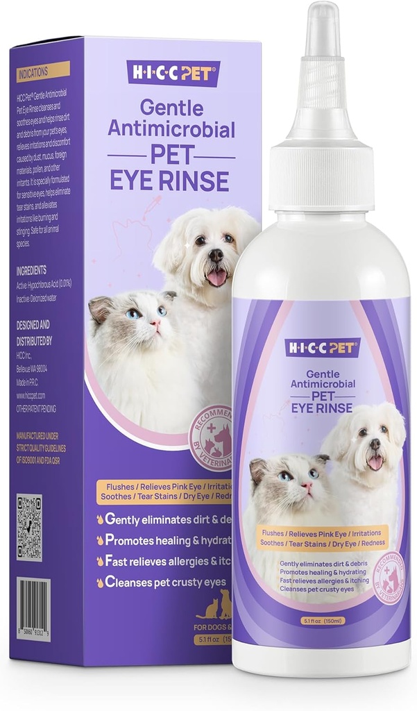 HICC PET Hond Oogdruppels 5.1 fl oz Oogdruppels voor honden en katten Vet-aanbevolen hond ooginfectie behandeling om te kalmeren infectie Allergie, Relieve Dry Eyes Pink Eyes, Pet Tear Stain Cleaner