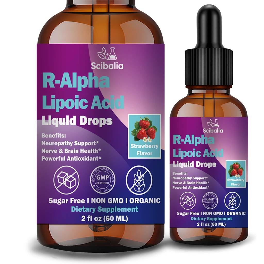 R Alpha Lipoic Acid 600mg Liquid Drops for Neuropathy, Advanced 11-in-1 Stabilized R-ALA Supplement w. Benfotiamine Acetyl L-Carnitine Vitamin C E for Antioxidant Nerve Brain Energy Health Non GMO