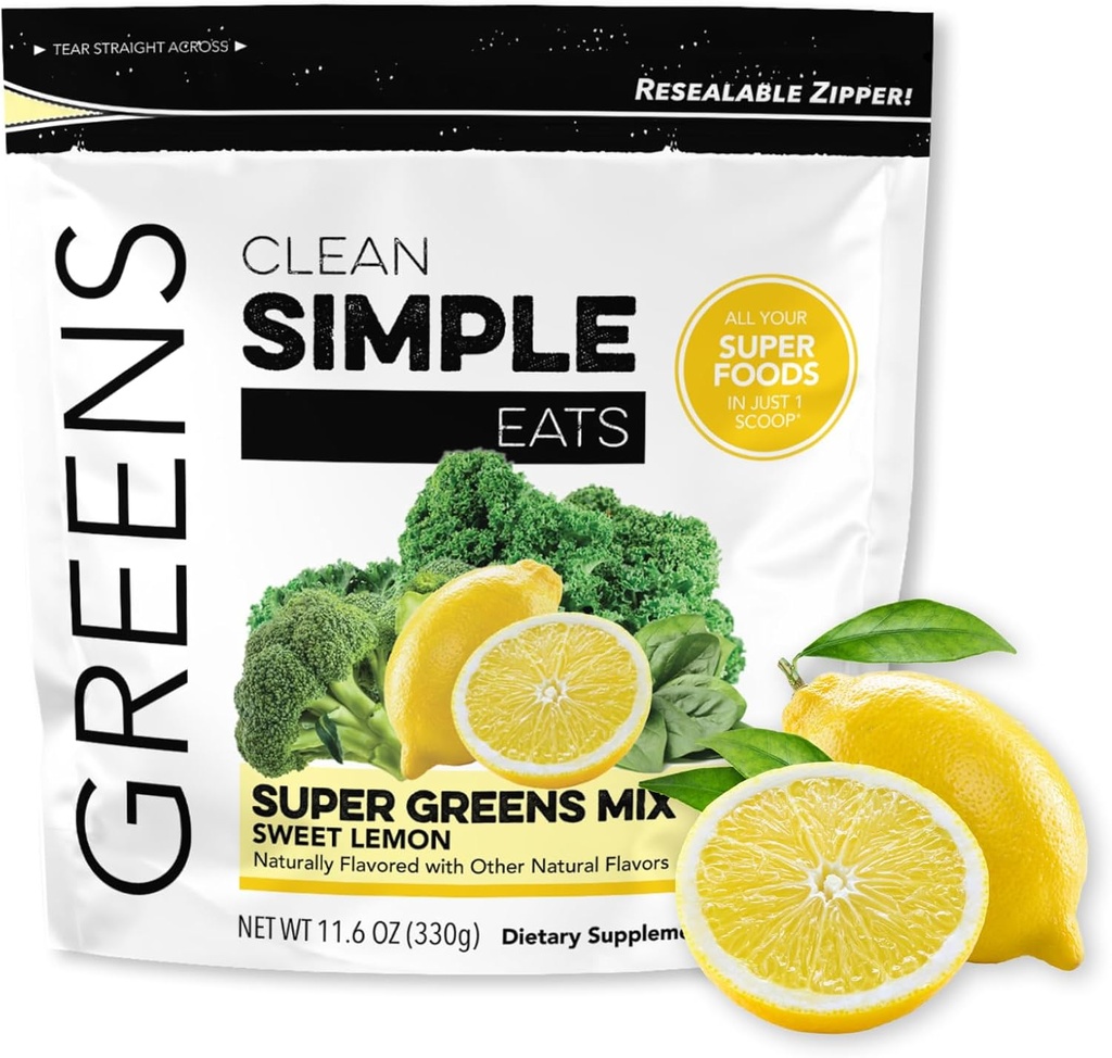 Clean Simple Eats Super Greens Powder, Natuurlijk Flavored Greens Powder met Chlorella, Spirulina, Superfoods & Prebiotic Fiber, Geen kunstmatige ingrediënten, Glutenvrij, Zoete citroensmaak, 30 Servers
