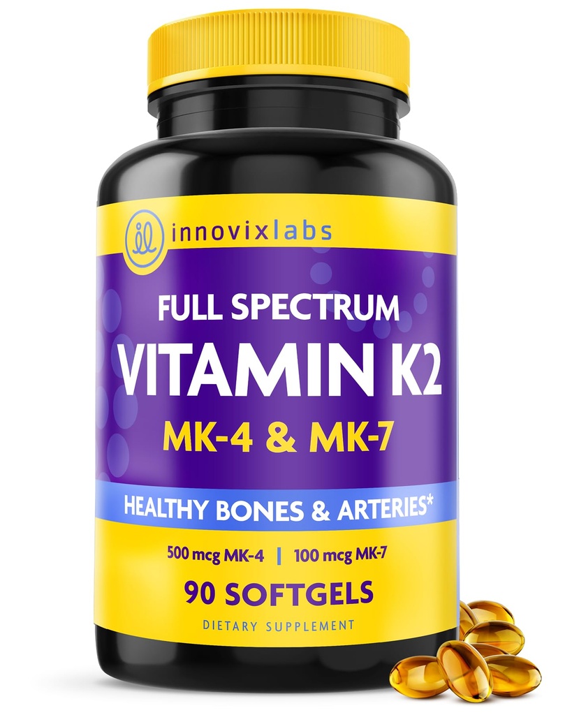 InnovixLabs Vitamine pleine spectre K2-90 Softgels avec 600 mcg de forme trans MK7 et MK4 - Soutient la santé générale et la force osseuse - Supplément de vitamine K2 sans soja et sans gluten