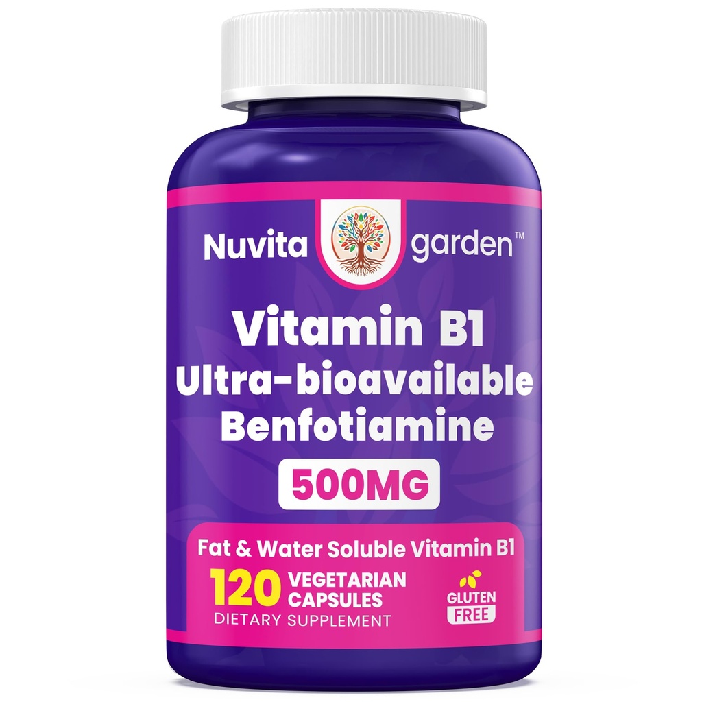 Benfotiamine 500mg, 120 Vegetarian Capsules - Fat Soluble Vitamin B1 Thiamine Supplement - 3rd Party Tested, Vegan, Non-GMO, Gluten Free