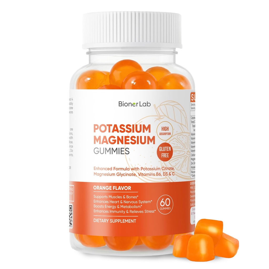 BionerLab Kalium Magnesium Gummies met Vitamine D3 B6 C - Hoge Absorptie Kalium 99mg Magnesium Glycinate 250mg Kauwbare Supplementen voor Vrouwen Mannen Volwassenen Kinderen