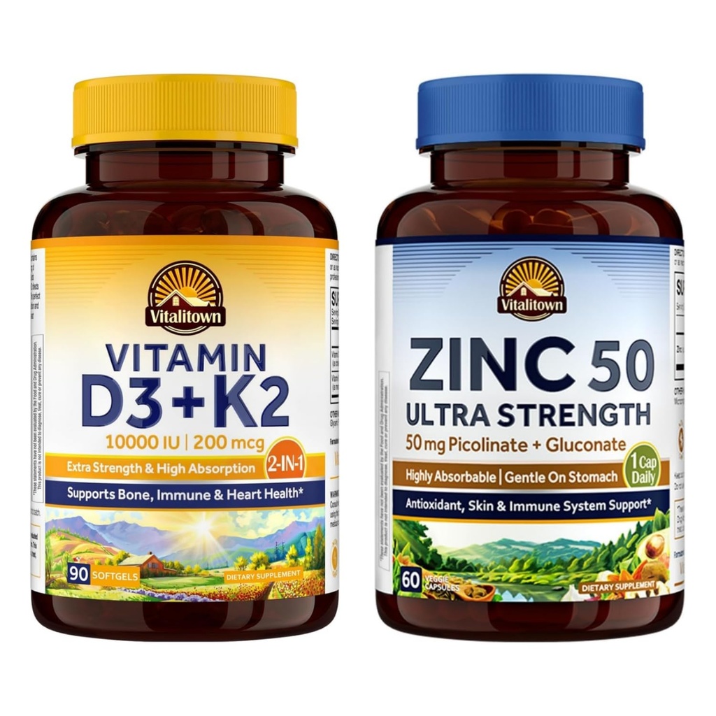 Vitalitown Vitamin D3 K2 + Zinc Supplement Bundle (Pack of 2) | D3 10,000 IU with K2 MK7 (Item 1) & Chelated Zinc 50 mg Supplement (Item 2) | 90 Softgels + 60 Veggie Capsules