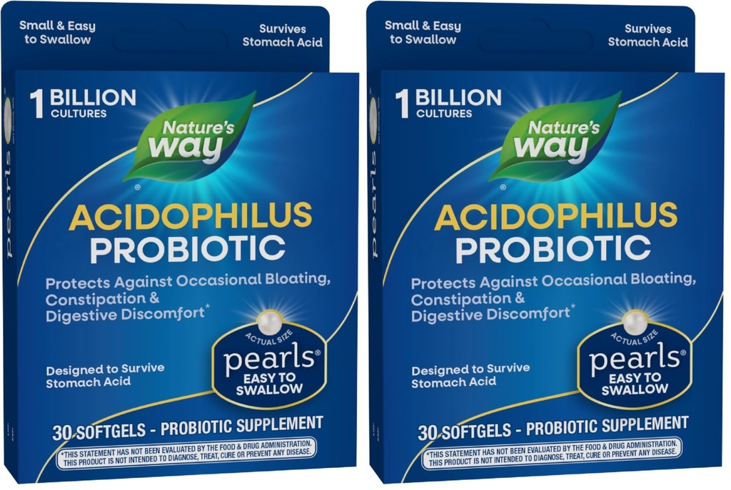 Façon de la nature Acidophilus Perles probiotiques, soutient l'équilibre digestif et la santé des intestins, la constipation occasionnelle et la blouse*,1 cultures de milliards,30 softgels,(paquet de 2)