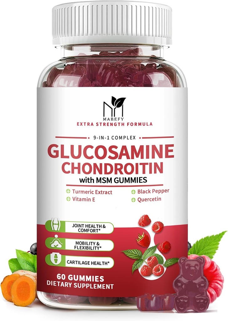 Glucosamine Chondroitin Gummies Drievoudige sterkte (1.000 mg Glucosamine,750mg Chondroitin) met MSM, Kurkuma, Quercetine, Vitamine E, Gezamenlijke Ondersteuning Supplement, Antioxidant 60 Gummies Raspberry Flavor