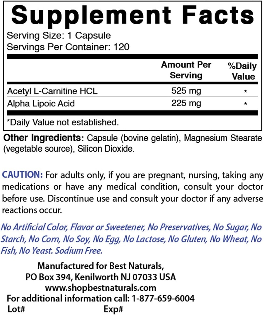 Best Naturals Acetyl L-Carnitine en Alpha Lipoïnezuur 750 mg & Zink Gluconaat 50mg
