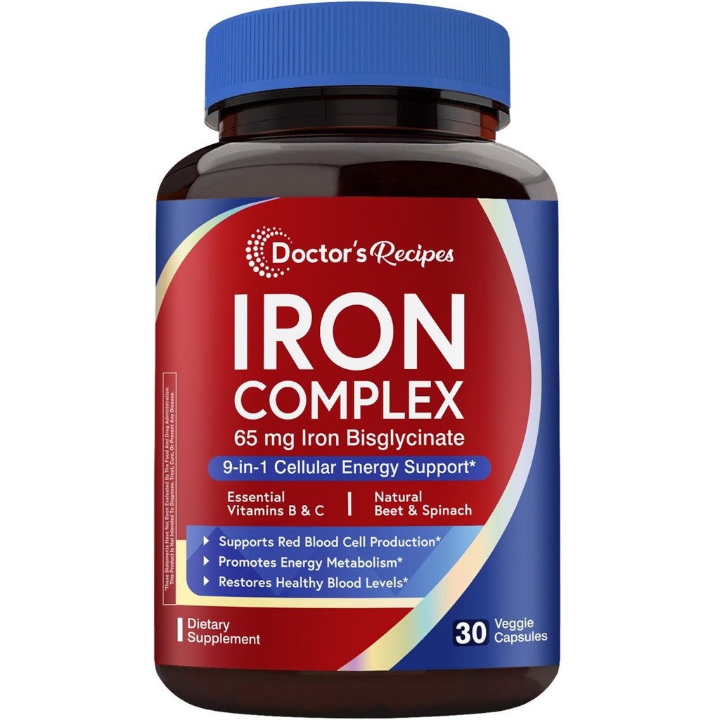 Doctor's Recipes Iron Supplement for Women, 65 mg Iron Bisglycinate, w/Vitamins C, B6, Folic Acid & B12, Beet Root & Spinach, Energy Production & Blood Health, Stomach Friendly, 30 Vegan Capsules