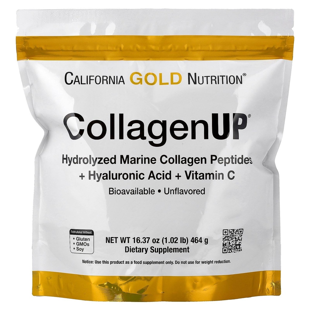 California Gold Nutrition CollagenUP®, Gehydrolyseerde Marine Collageen Peptiden met Hyaluronzuur en Vitamine C, Unflavored, 1.02 lb (464 g)