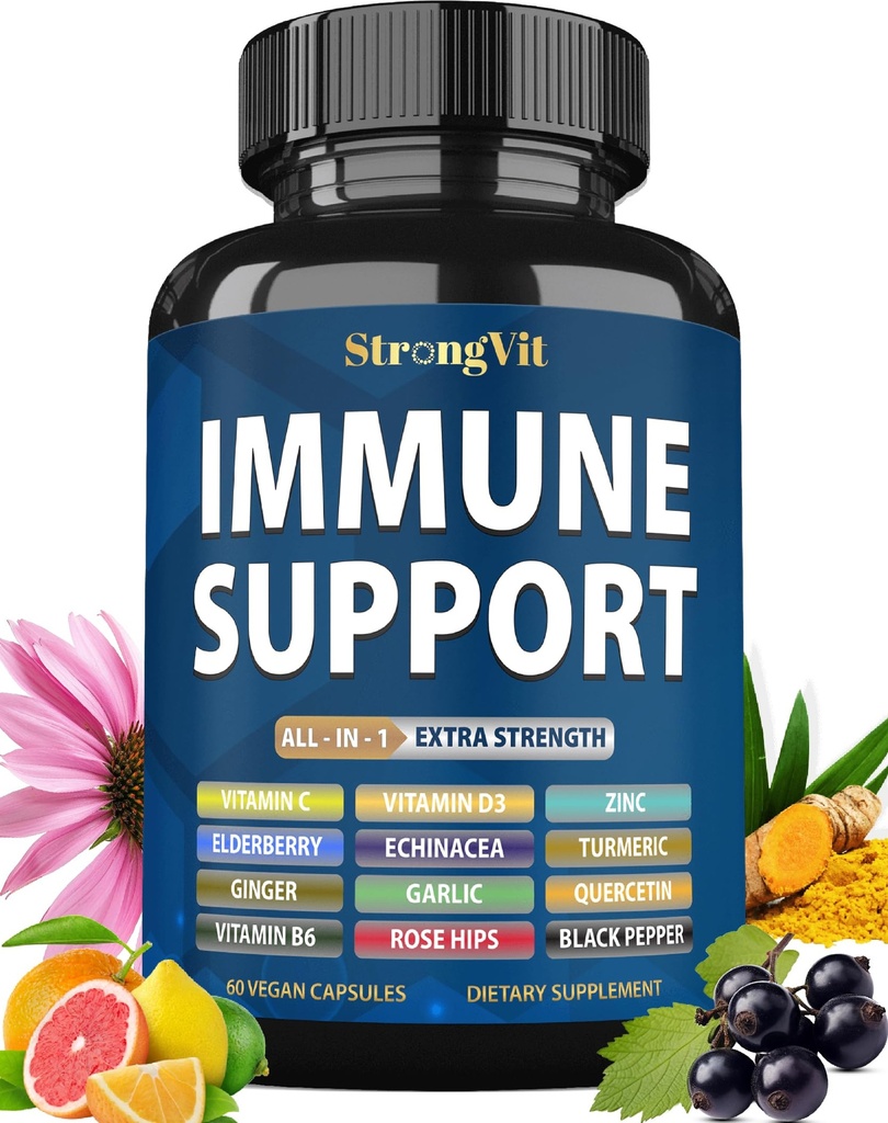 StrongVit Immune Support Supplement 12 in 1 Complex with Vitamin C, D3, Zinc, Echinacea, Elderberry, Ginger, Turmeric. Immune Defend for Men & Women, Non-GMO, Gluten-Free, Vegan, USA