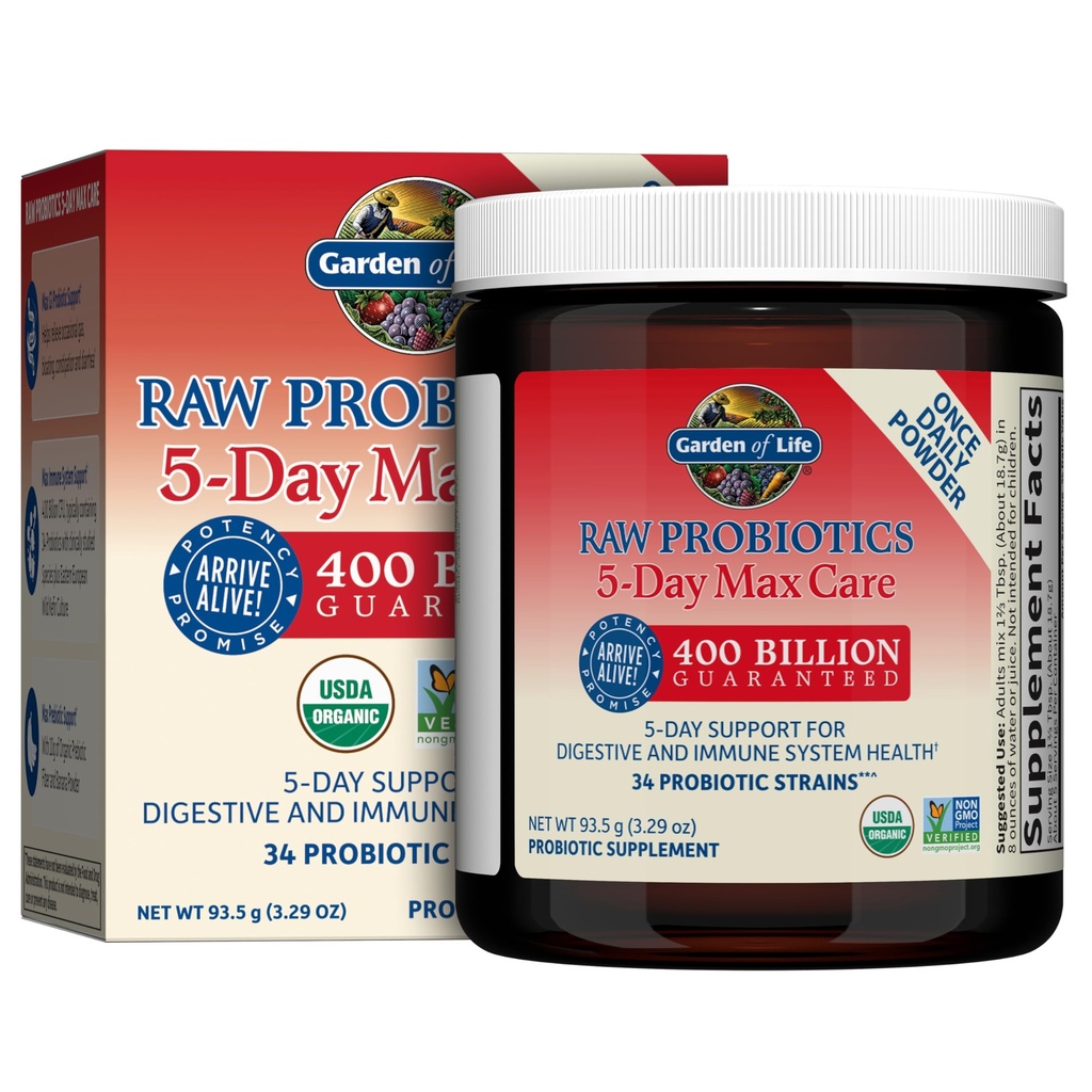 Tuin van het leven Rauwe Probiotica 5-dag Max Care - 400 miljard CFU - Probiotisch poeder voor spijsverterings- en immuunondersteuning - Banana, 5 porties