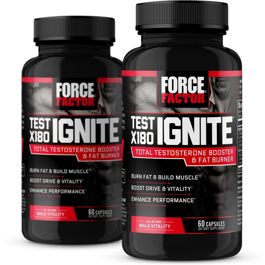 Test de facteur de force X180 Ignite, booster de testostérone et brûleur de graisse pour les hommes, supplément de testostérone pour brûler la graisse, construire le muscle, augmenter l'énergie, et stimuler la vitalité et la performance, 60 comte (paquet de 2)
