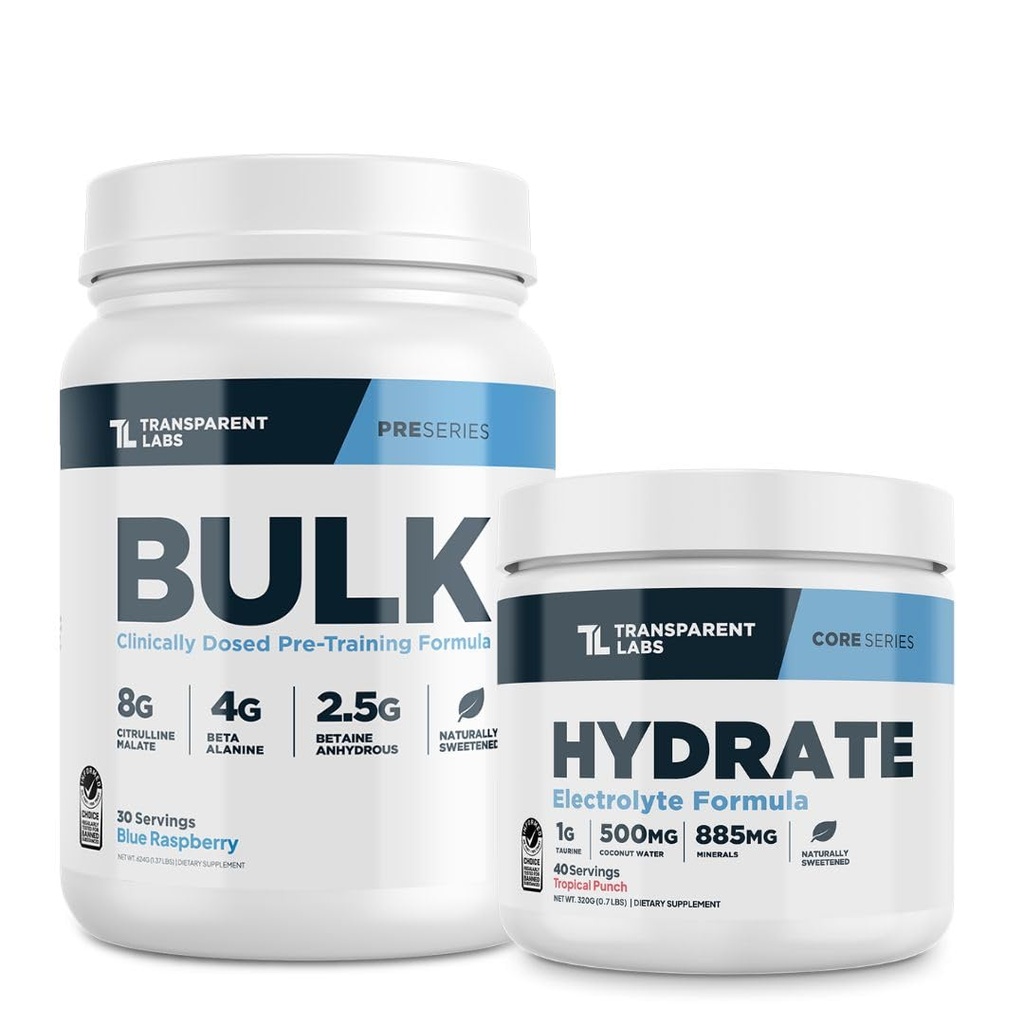 Transparent Labs Bulk Pre Workout Powder for Muscle Building & Strength 30 Servings, Blue Raspberry & Hydrate Electrolytes Powder with Coconut Water, Taurine, & Potassium 40 Servings, Tropical Punch