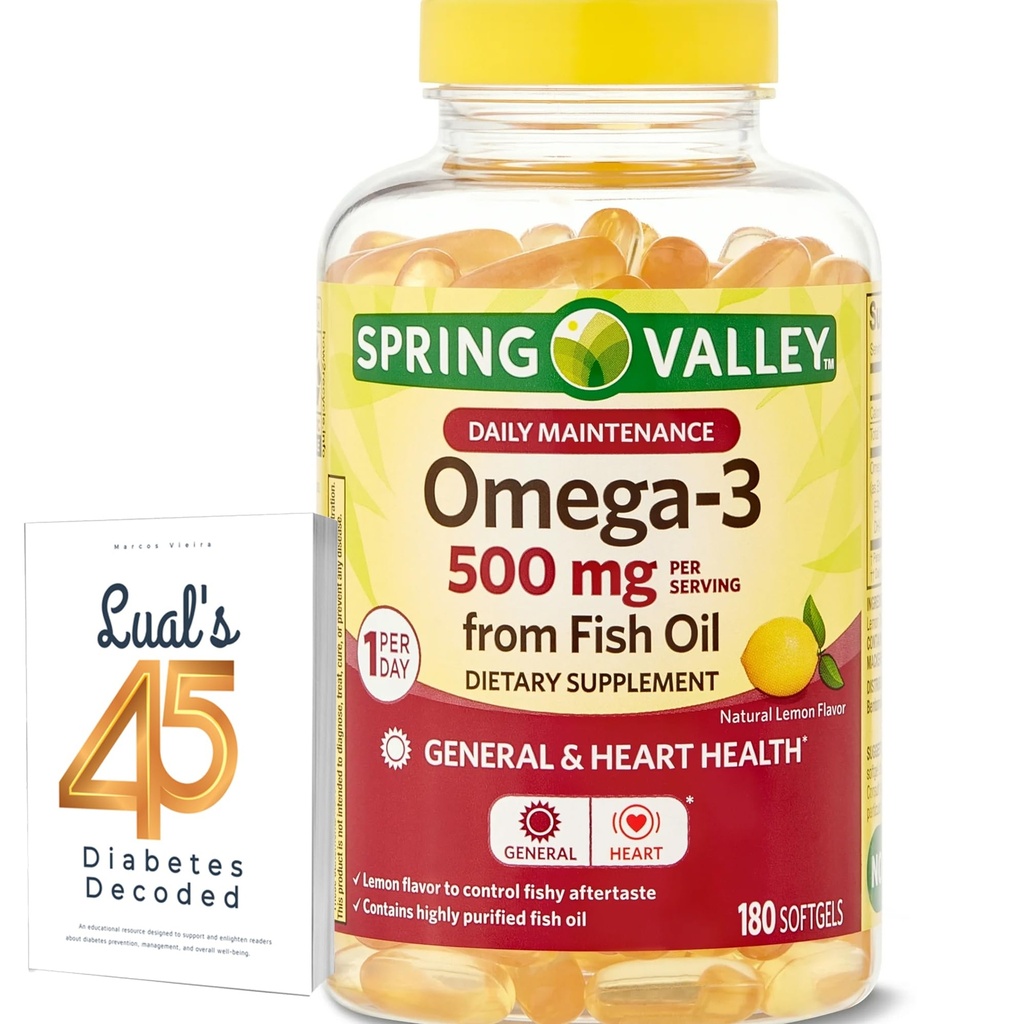 Spring Valley Omega-3 500 mg, 180 Count, from Fish Oil, Omega 3 Dietary Supplements Bundle with Lual's 45 Diabetes Decoded