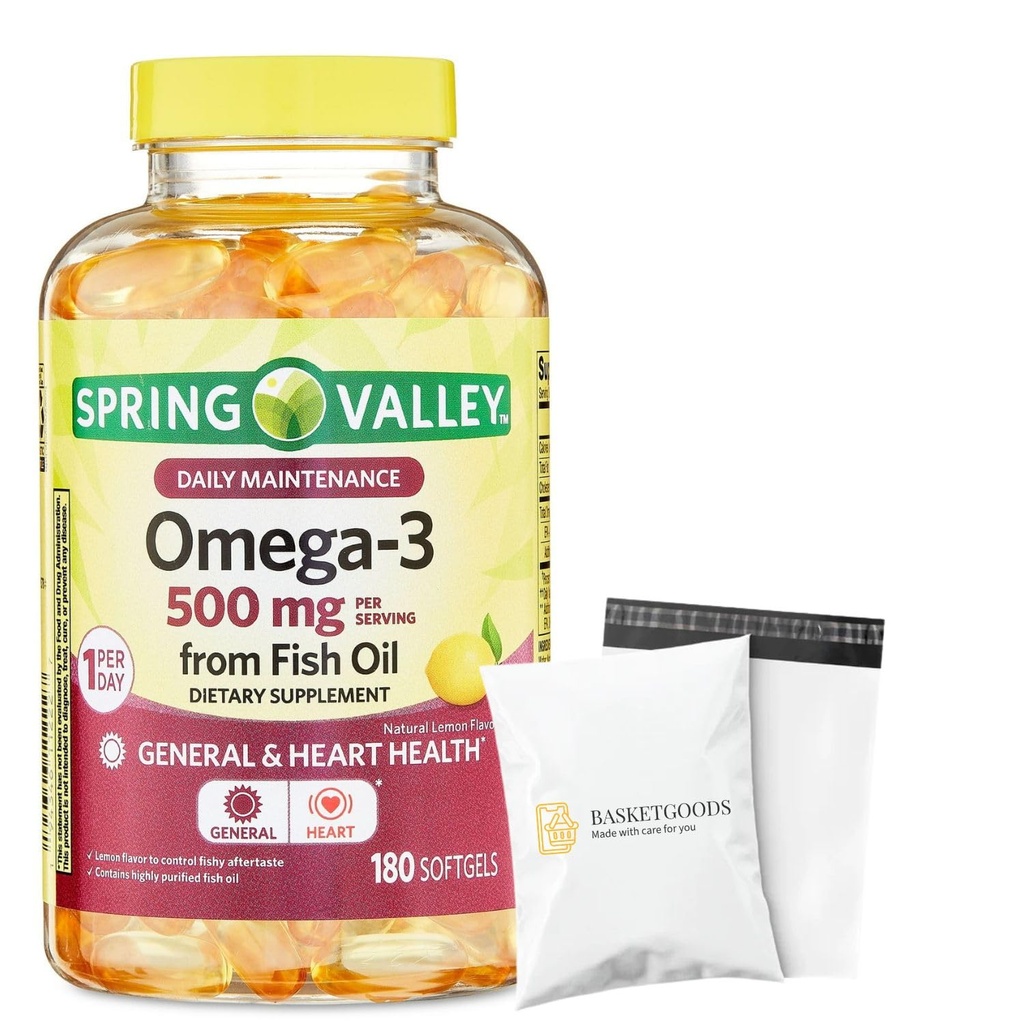 Spring Valley Omega-3 500 mg, 180 Count, from Fish Oil, Omega 3 Dietary Supplements Bundle Set with Basket Goods Store