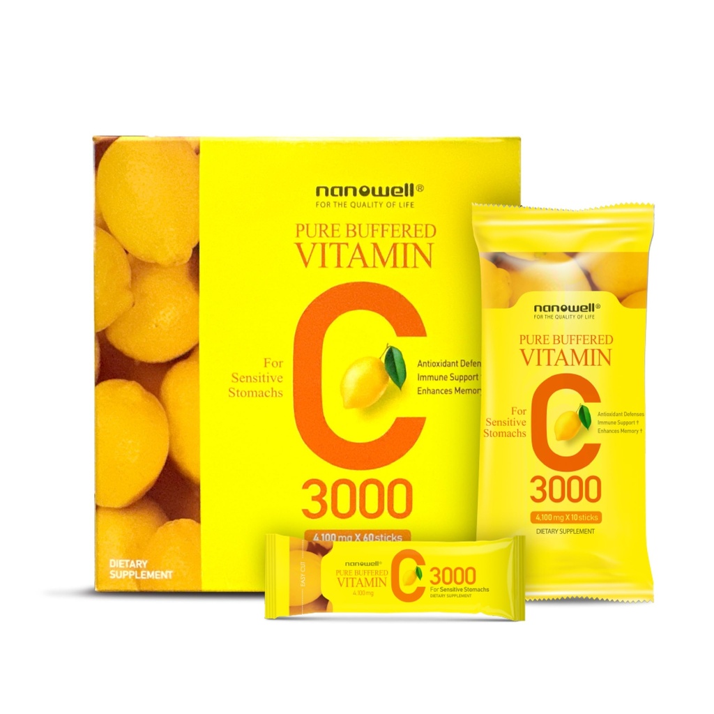 NANOWELL Pure Buffered Vitamine C 3000 mg per Serving, Dieetsupplement voor Immune Support - 60 Sticks x 1 Box, 2 Months Supply (60 Telling)