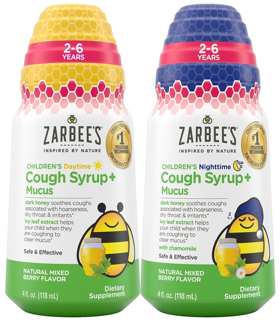 Ensemble d'enfants de Zarbee Toux + Mucus Jour et nuit pour les enfants 2-6 avec miel foncé, Ivy Leaf, Zinc & Elderberry, 1 pédiatre recommandé, sans drogue et sans alcool, mélange de saveur de baie, 4FL Oz