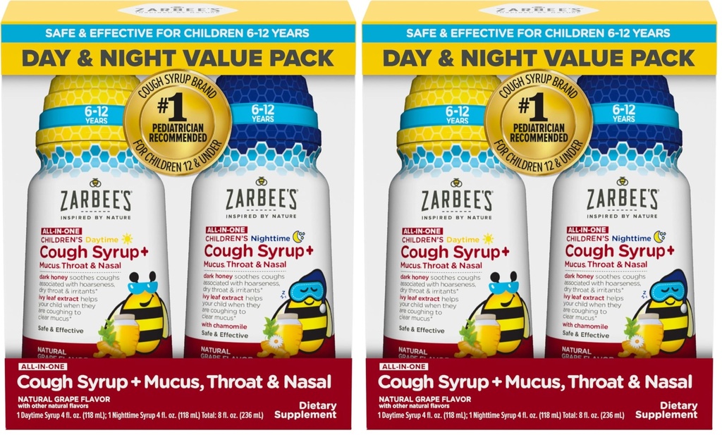 Zarbee's Children's All-in-One Honey Cough Syrup + Mucus,Throat & Nasal Day & Night Value for Kids 6-12 + Dark Honey,Ivy Leaf Extract,Zinc Turmeric Root-& B-Vitamins,Grape,4 fl. Oz,(Pack of 4)