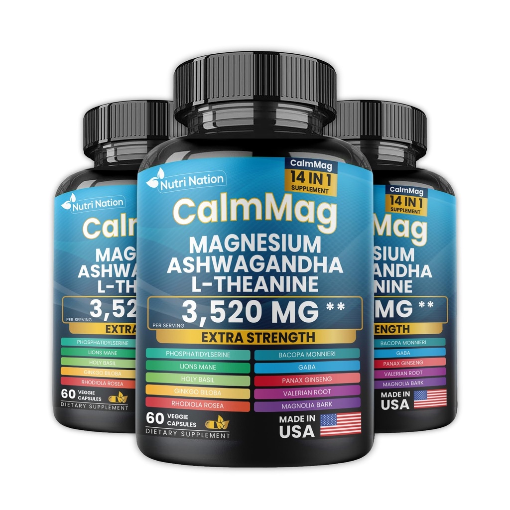Best Magnesium Glycinate with Ashwagandha and L-Theanine 14 in 1 Supplement 60 Capsules 3 Bottle