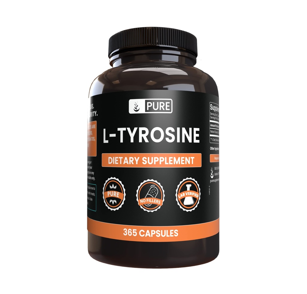 PURE ORIGINEEL INGREDIËNTEN L-tyrosine (365 capsules) Geen Magnesium of rijstvullers, altijd zuiver, Lab geverifieerd