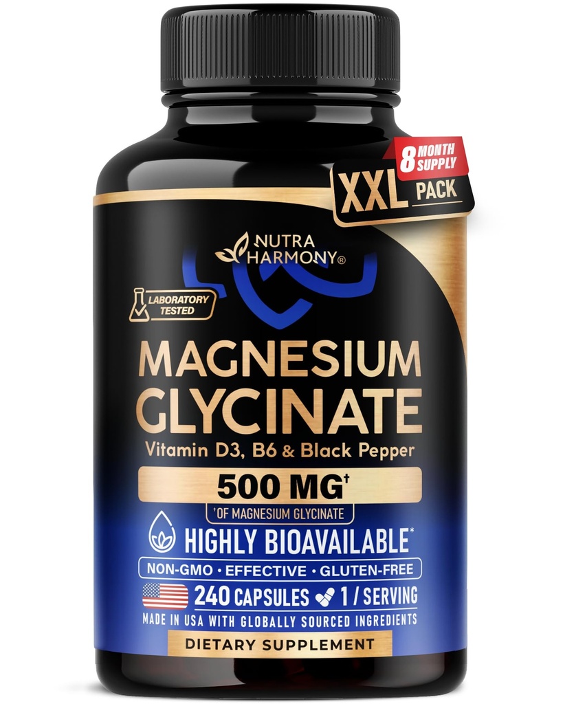 Magnesium Glycinate 500mg - VIT. B6 & D3 - Sleep, Muscle & Heart - 240 Caps