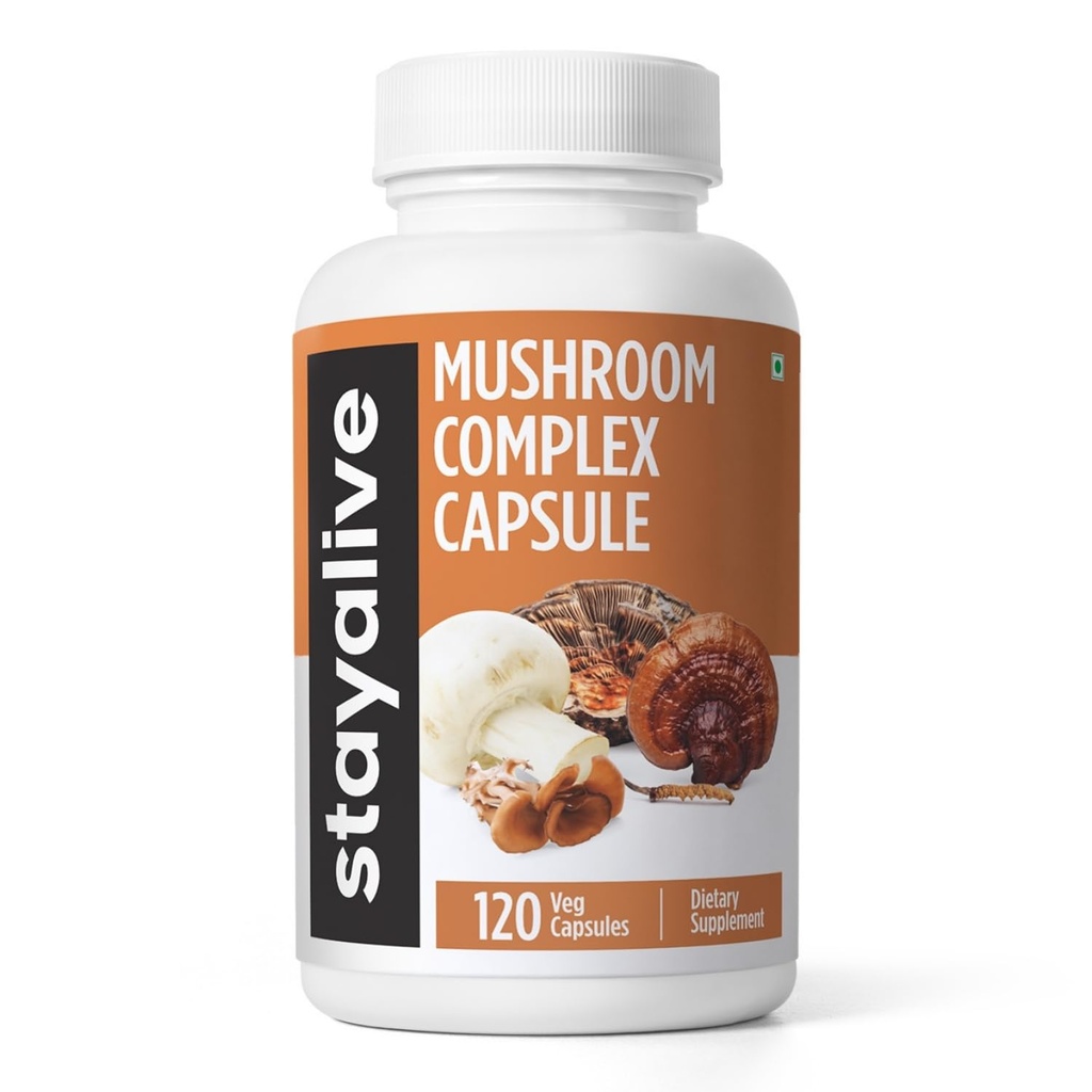 STAY LIVE Mushroom Complex 1000mg, 6-in-1 Mushroom Supplement w/Lions Mane, Reishi, Chaga, Cordyceps, Maitake and Turkey Tail Extract Powder, 120 Vegan Pillen, Non-GMO & Glutenvrije Herbal Capsules