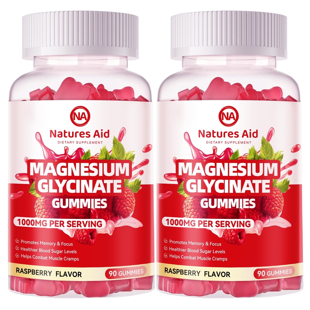 Natures Aid Magnesium Glycinate Gummies 1000mg - Sugar Free Magnesium Potassium Supplement with Vitamin D, B6, CoQ10 for Calm Mood & Sleep Support - 180 Raspberry Gummies.