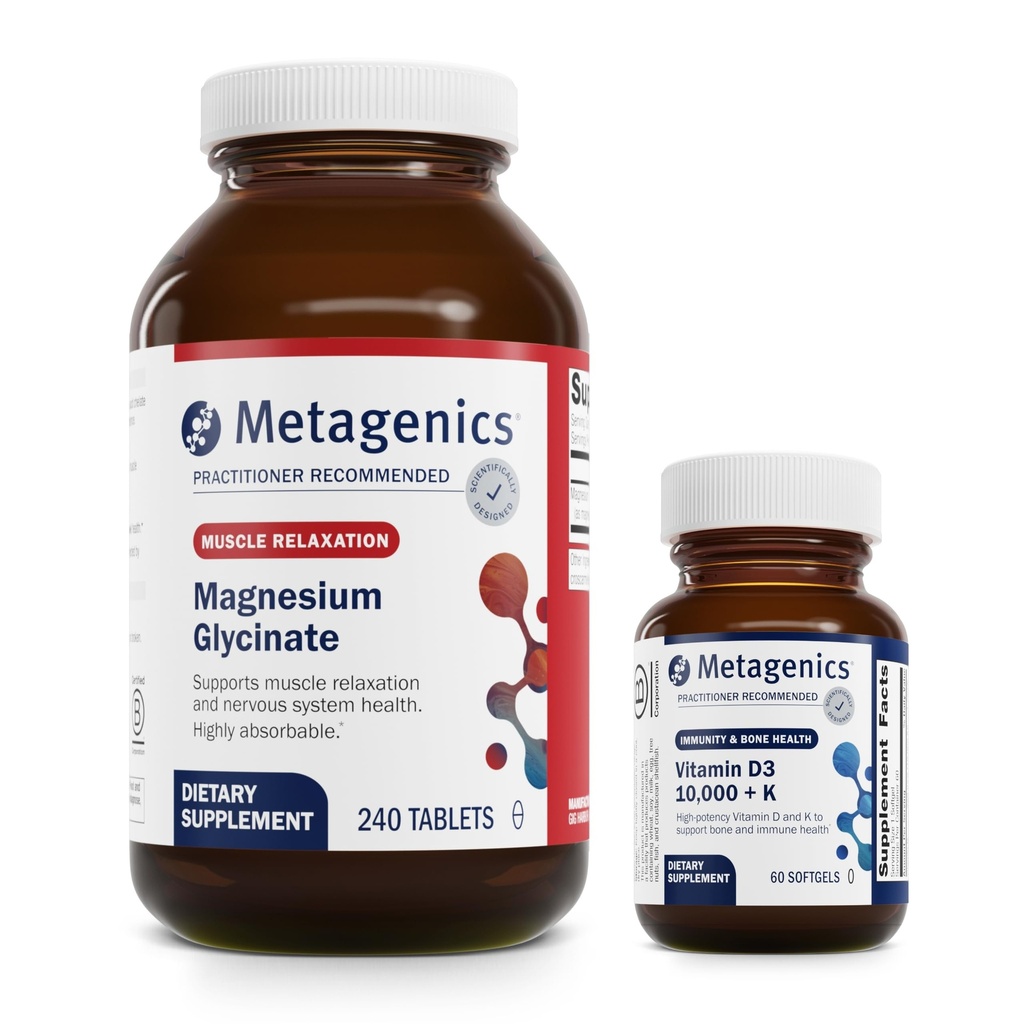 Metagenics Bundle - Magnesium Glycinate & D3 10,000 + K - 240 Tablets of Magnesium Glycinate for Nervous System Support - 60 Softgels of D3 10,000 + K for Immune Support, Bone Health & Heart Health