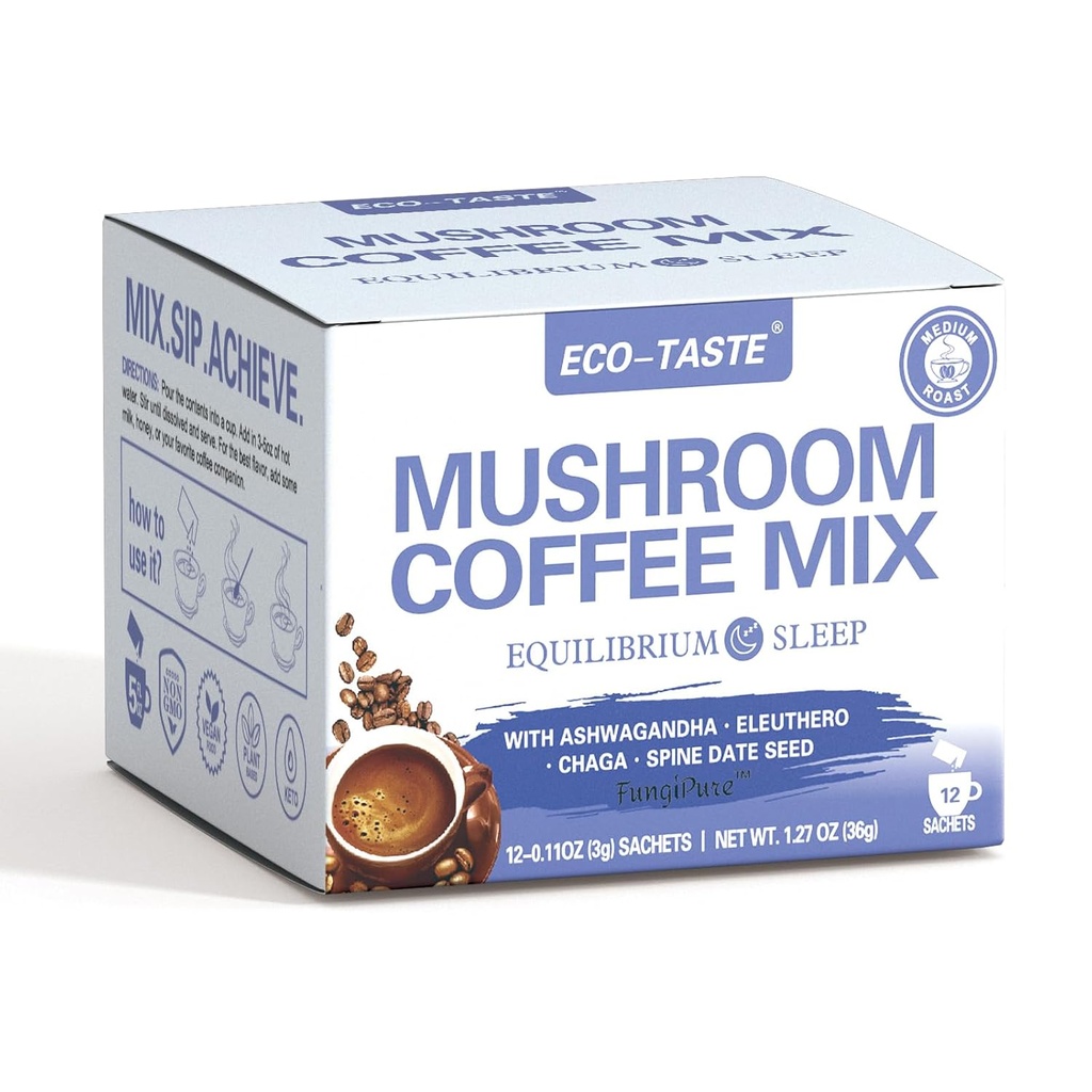 ECO-TASTE Mushroom Coffee Mix, Ontworpen voor balans met Ashwagandha, Eleuthero, Chaga, Spine date seed en 12 Sachets
