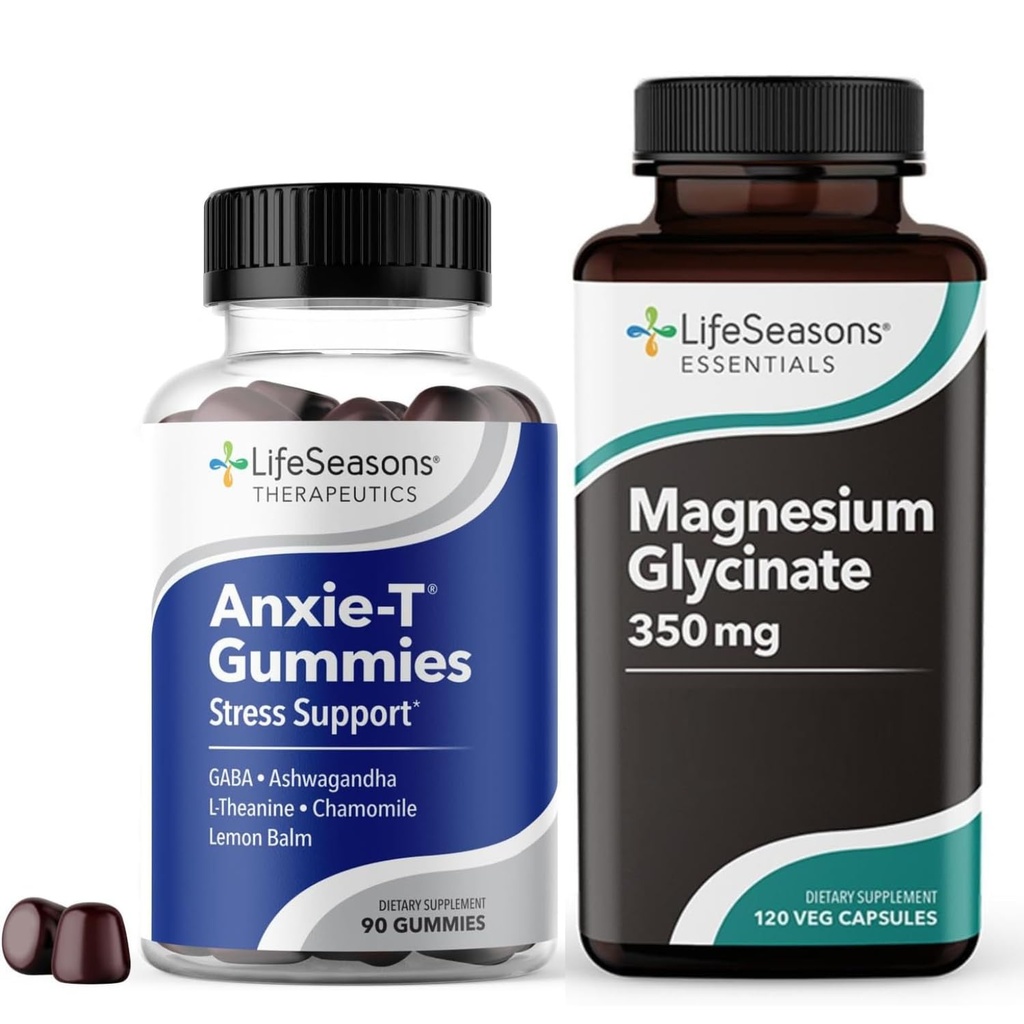 LifeSeasons Anxie-T Stress Relief Gummies & Magnesium Glycinate 350mg Capsules – Supplements to Support Stress Relief, Sleep, Mood, Heart Health, Muscles & Metabolism – 90 Gummies & 120 Capsules