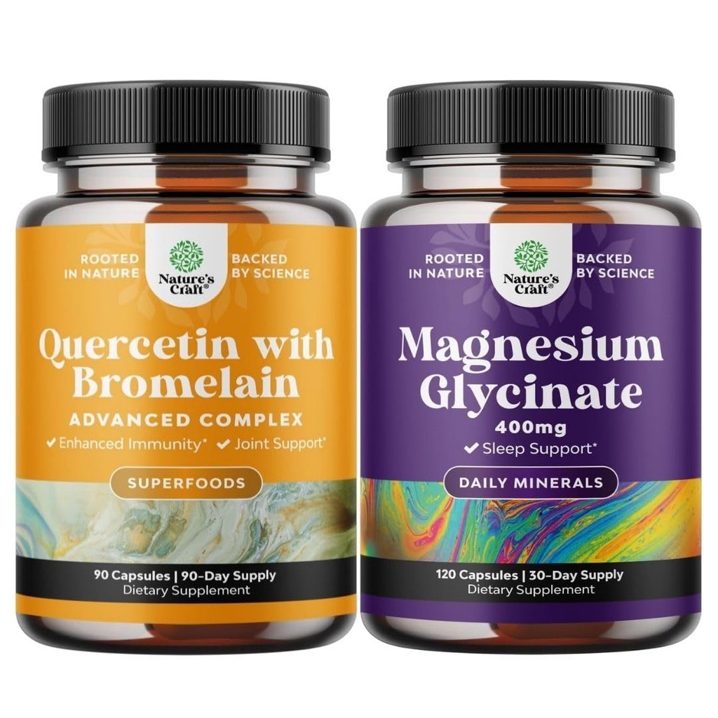Bundle of Immune Support Quercetin with Bromelain Supplement and Pure Magnesium Glycinate 400mg Capsules - for Joint Support Lung Health and Immunity - Natural Sleep & Immune Support