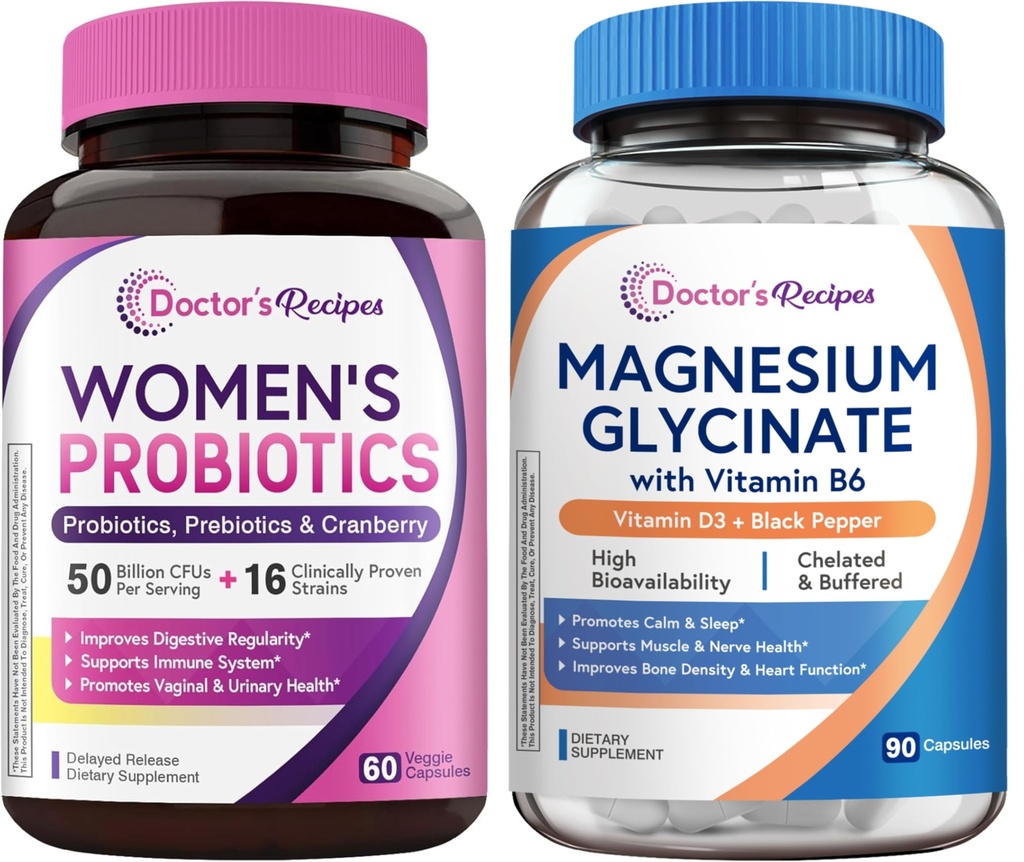 Doctor's Recipes Women's Probiotic 50 Billion CFU Strains 60 Capsules and Magnesium Glycinate 420mg with Vitamin B6 & D3