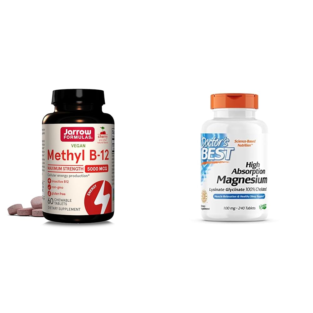 Jarrow Formulas Maximum Strength Methyl B-12 5000 mcg, Dietary Supplement & Doctor's Best High Absorption Magnesium Glycinate Lysinate, 100% Chelated, Non-GMO, Vegan