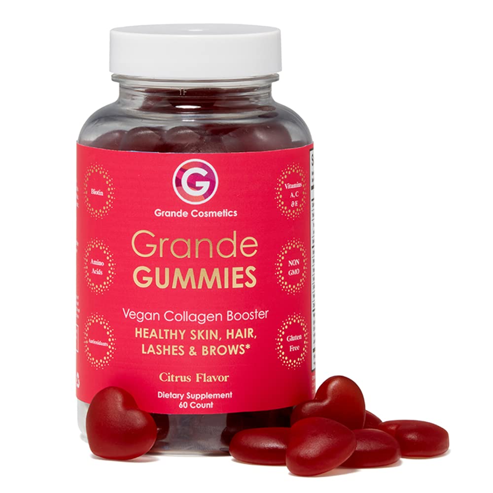 Grande Cosmetics Vegan Collagen Hair Vitamin Gummies with Biotin, Folic Acid & Vitamin C - for Healthier-Looking Hair, Skin, Lashes & Brows - Citrus Flavor (60 Gummies, 1-Month Supply)
