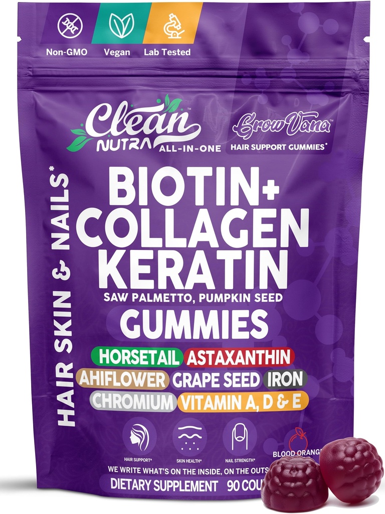 GrowVana Gommies de croissance des cheveux pour les femmes Biotin Collagen Keratin Saw Palmetto Horsetail Astaxanthin Fer Zinc Acide pantothénique Vitamine A D E Graine de citrouille Ahiflower MSM Supplément par Nutra propre 90 Compte