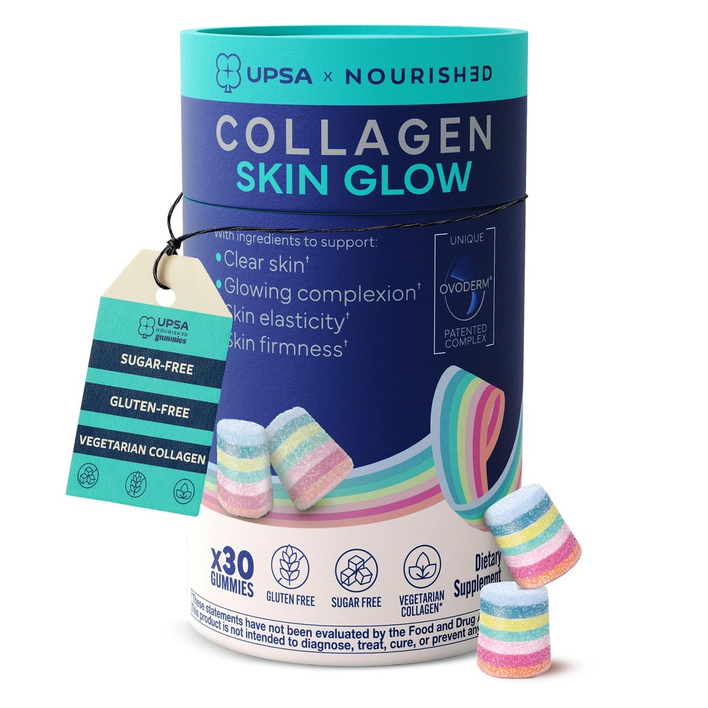 Upsa Nourished Collagen Skin Glow 30 Count – Ovoderm® Egg Membrane Complex with Vitamin C, Niacinamide & Zinc – for Elastic Skin – Sugar-Free Vegetarian Gummies – Plastic-Free Biodegradable Packaging