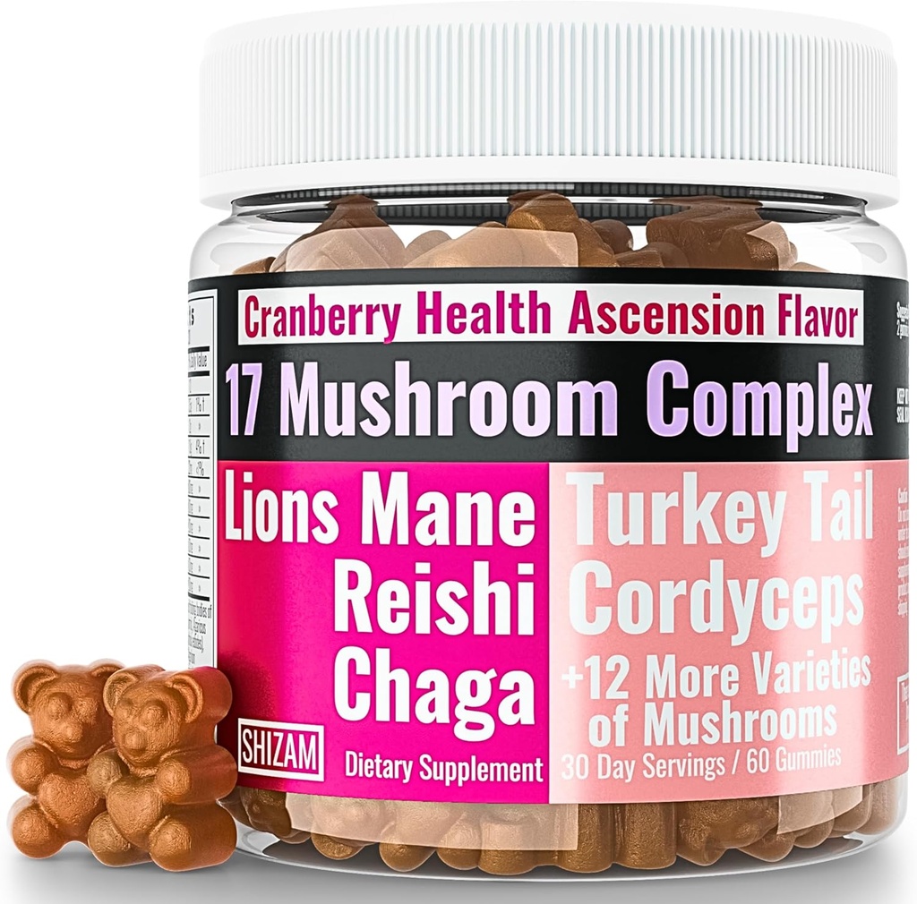 SHIZAM 17 Mushroom Complex Gummies voor volwassenen Chaga Lions Mane Cordyceps Reishi Lion's Mane Turkijestaart Turkije staart, beter dagelijks supplement Alt voor Capsules & Poeder Vitaminen Super-Food Blend 10