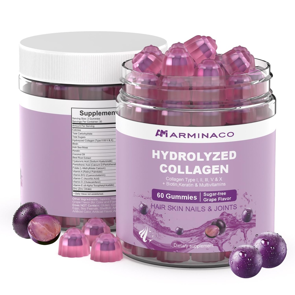 Collagen Gummies for Women – Low Sugar Grape Flavor, Type I II III V X with Biotin, Vitamin C D B12 Zinc, Hydrolyzed Collagen Peptides – 2 Pack (120 Gummies)