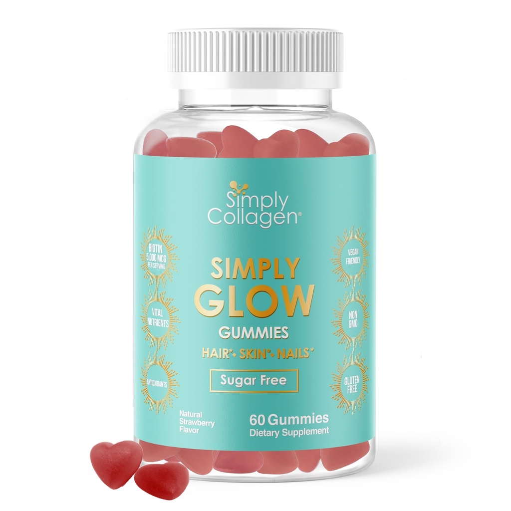 Simply Collagen® Simply Glow Hair, Skin & Nails Gummies – Vegan, Sugar-Free, Gluten-Free – Biotin 5000 mcg – Hair Gummies for Women & Men – 60 Count