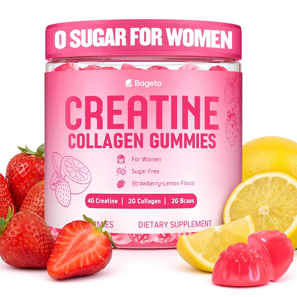 Creatine for Women + Collagen + BCAAs + Vitamin C & B12, 120 Sugar Free Creatine Gummies for Women, Creatine Monohydrate Gummies Pre Workout for Booty, Energy & Strength, Strawberry-Lemon Flavor
