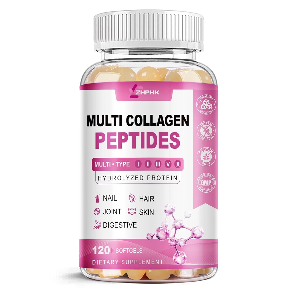 ZHPHK Multi Collagen Peptides for Women 2000mg Hydrolyzed Collagen Peptides Pills from Type I II III V X with Hyaluronic Acid Better Absorption with Vitamin C Support Skin Hair Nail | 120 Count