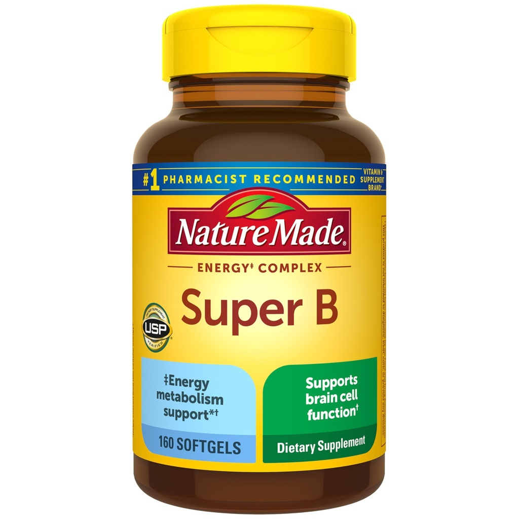 Nature faite Super B complexe vitamines pour les femmes et les hommes, supplément alimentaire pour le métabolisme énergétique, Super Vitamine B complexe, 160 Softgels, 160 jours d'approvisionnement