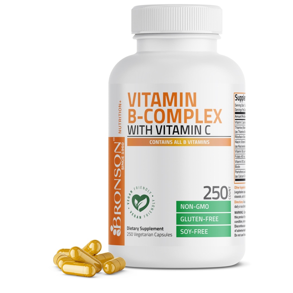 Bronson Vitamin B Complex met vitamine C - Immune Health, Energy Support & Zenuwstelselondersteuning - Non-GMO, 250 Vegetarische Capsules