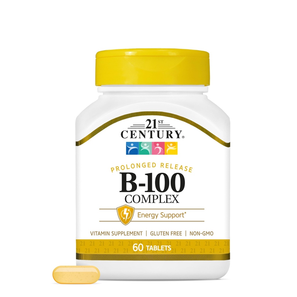 21e eeuw B-100 Complexe tabletten met verlengde afgifte, 60 tellingen (pakket 1), vitamine B-complex met hoge potentie voor zenuwstelsel, energieondersteuning, inclusief vitamine B1, B2, B6, biotine en calcium