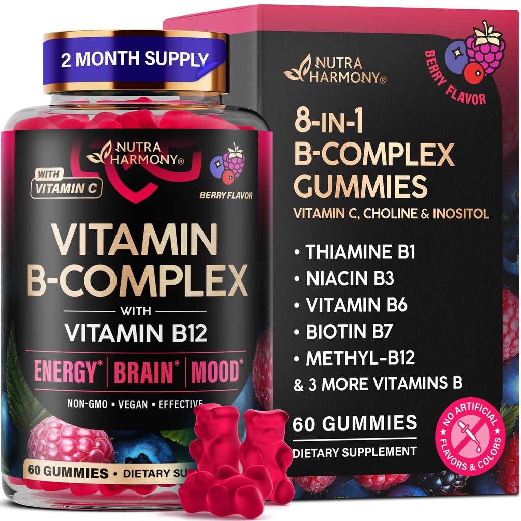 Gommies de complexe de vitamine B pour les femmes et les hommes - Vitamine B12, B1, B2, B3, B5, B6, B7 et B9 - B Complexe avec vitamine C et choline - Énergie, cerveau et humeur - Fleur de baie naturelle, végétalien - 60 Gommies pendant 2 mois