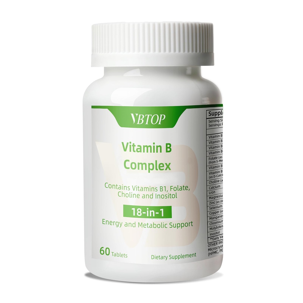 Complexe de vitamine B, avec vitamines B1, B2, B3, B5, B6, B12, acide folique, Choline, zinc, calcium, inositol, pour la santé du cerveau et du coeur, la santé immunitaire et le soutien énergétique cellulaire, 60 comprimés